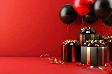 Black and red gift boxes with balloons on red