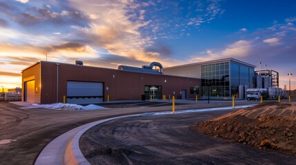 A modern public waste management facility, showcasing advanced technology and clean design in a setting of a well-maintained public service site, emphasizing public utility efficiency. 