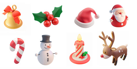 Wall Mural - Set of 3D icons with Christmas symbols: bell, holi, santa, candle, snowman, deer, gifts. on a white background
