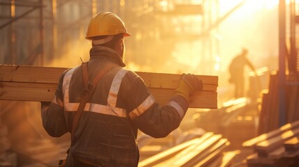 Construction worker carrying wooden plank in bright morning sunlight