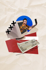 Poster - Vertical composite collage image picture of impressed mini guy laptop inside pc screen isolated on creative background