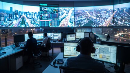 Wall Mural - A high-tech control room monitoring waste management operations across a city, featuring large screens and advanced analytics tools, emphasizing data-driven efficiency. 