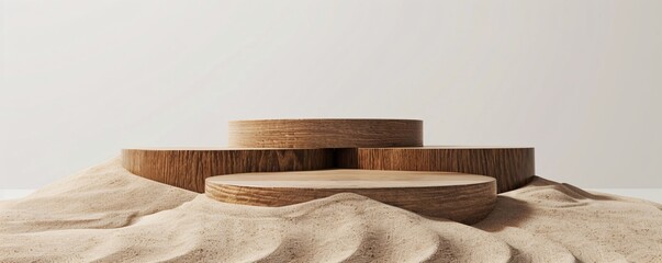 Wall Mural - Three round wooden podiums in the sand for displaying products against a bright background