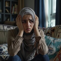 A woman in a hijab sits on a couch, holding her head in distress.
