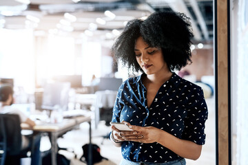 Aufkleber - Black woman, texting and communication with phone at office for discussion or conversation. Young African, female person or employee on mobile smartphone for online chatting, browsing or research