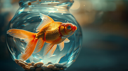 Close-up of a vibrant goldfish swimming in a clear glass bowl with pebbles, set against a softly blurred background.
