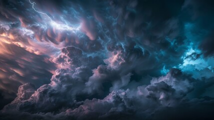 Poster - A dramatic sky filled with dark storm clouds and flashes of lightning, capturing the raw power and beauty of a thunderstorm.