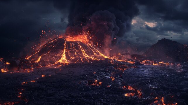 A dramatic shot of a volcano erupting at night, with glowing lava and ash clouds lighting up the dark sky.