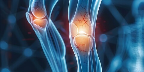 3D image of inflamed knee joints showing inflammation for medical content. Concept Medical Illustration, Inflamed Knee Joints, 3D Imaging