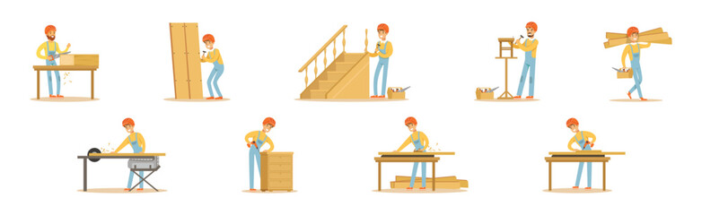 Wall Mural - Man Carpenter Woodworking Doing His Job Vector Set