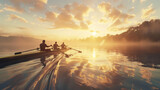 Three rowers silhouetted against a golden sunrise, rowing in perfect unison on a calm lake with mist rising, creating a serene and empowering scene.