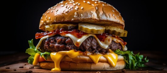 Wall Mural - Close Up Of A Double Cheeseburger With Bacon And Melted Cheese On A Wooden Cutting Board