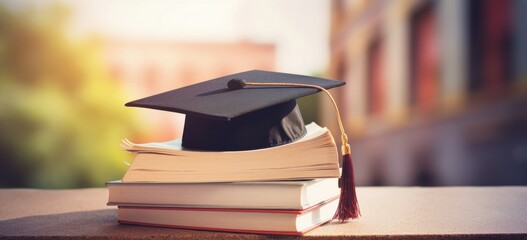 Graduation Cap and Books on Wooden Table With Blurred Background
