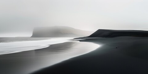 black sand dunes, foggy landscape, white ocean waves in the background, minimalist , long exposure t