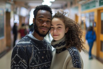 Wall Mural - Portrait of a merry multicultural couple in their 20s dressed in a warm wool sweater in front of bustling school hallway