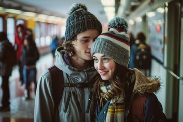 Wall Mural - Portrait of a tender couple in their 20s dressed in a warm ski hat on bustling school hallway