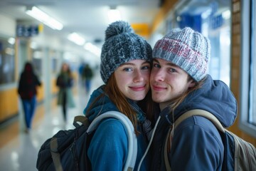 Sticker - Portrait of a tender couple in their 20s dressed in a warm ski hat in front of bustling school hallway