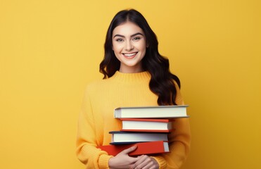 Wall Mural - Happy Young Woman Holding Books Against Yellow Background