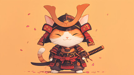 Wall Mural - Cute cat mascot wearing Japanese samurai clothes on a simple background