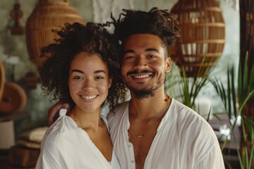 Sticker - Portrait of a cheerful multiethnic couple in their 20s wearing a classic white shirt in front of serene meditation room