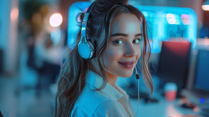 Poster - Young woman is working late in a busy office with neon blue lighting