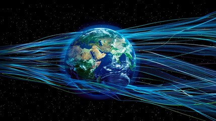Poster - A high-definition illustration of 5G data streams surging across the Earth, represented by vibrant colors and dynamic patterns.
