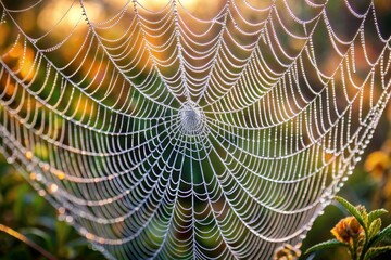 An image of a spider web covered in morning dew, highlighting the intricate geometric patterns created by the web’s threads.