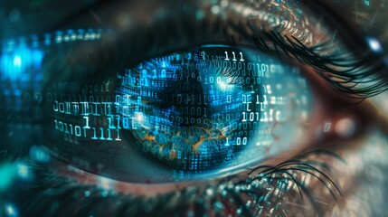 Aufkleber - A high-resolution photo of a cyborg eye scanning a digital landscape, with binary code flowing across the iris and pupil.