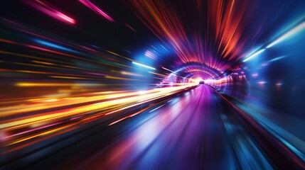 Poster - A hyperrealistic depiction of a digital beam of light traveling at the speed of light through a dark tunnel, creating a mesmerizing trail of colors and distortions.