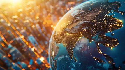 Poster - A hyperrealistic digital artwork showcasing a vibrant global business hub on a rotating blue planet, illuminated by the warm glow of the setting sun.