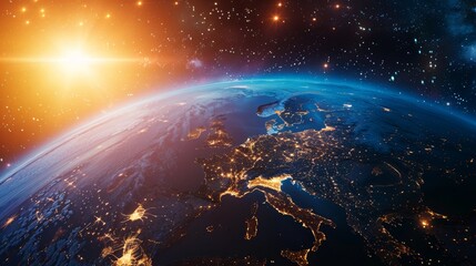 Poster - A hyperrealistic digital artwork showcasing a vibrant global business hub on a rotating blue planet, illuminated by the warm glow of the setting sun.