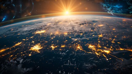 Poster - A hyperrealistic digital artwork showcasing a vibrant global business hub on a rotating blue planet, illuminated by the warm glow of the setting sun.