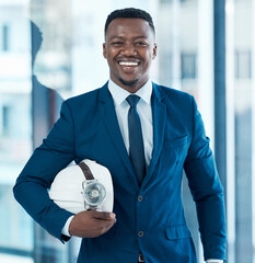 Poster - Portrait, businessman and construction hat for career, building company and pride or excited in office. African male person, architect and real estate in workplace or enterprise for new project