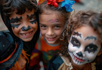 Wall Mural - Closeup of children in Halloween costumes, showcasing playful and colorful face painting designs at an event for kids during the spooky season.