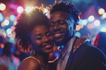 Wall Mural - Portrait of a satisfied afro-american couple in their 40s wearing a professional suit jacket isolated in lively concert stage