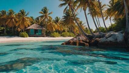 Wall Mural - Dive into paradise, crystal-clear turquoise waters, golden sands, and swaying palm trees in stunning 4K.