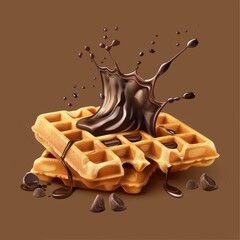realistic crispy waffle with splash of melted chocolate isolated on brown background. Wafer with cacao cream filling, sweet crunchy dessert. for ads