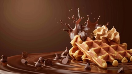 Wall Mural - realistic crispy waffle with splash of melted chocolate isolated on brown background. Wafer with cacao cream filling, sweet crunchy dessert. for ads
