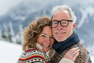 Wall Mural - Portrait of a grinning caucasian couple in their 50s wearing a cozy sweater while standing against pristine snowy mountain