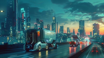 Wall Mural - Autonomous trucks transporting waste along a futuristic highway, featuring cutting-edge technology in a vibrant cityscape, emphasizing speed and safety.