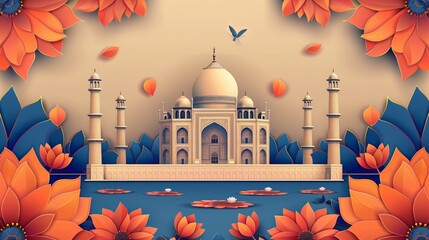 Wall Mural - A banner with a colorful illustration of the Taj Mahal in India