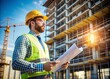 © Normal Desing - Site Inspection An engineer in a hard hat and safety vest inspecting a construction site with blueprints in hand.