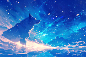 wolf floating in the blue space background , freedom concept.