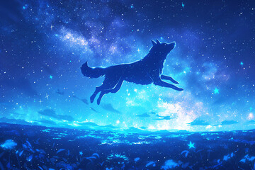 wolf floating in the blue space background , freedom concept.