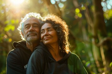 Wall Mural - Portrait of a blissful latino couple in their 50s sporting a comfortable hoodie isolated on backdrop of a mystical forest