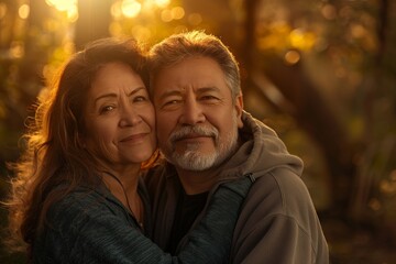 Wall Mural - Portrait of a blissful latino couple in their 50s sporting a comfortable hoodie isolated in backdrop of a mystical forest