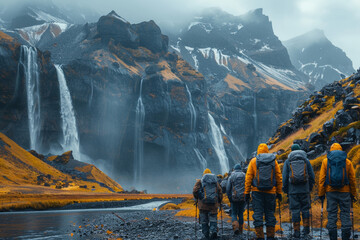 An arctic expedition takes an extreme tour through icy landscapes, trekking past frozen waterfalls.