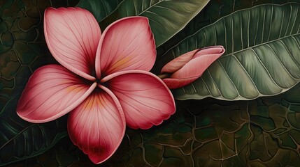 Poster - Frangipani flower in shades of pink and red resting on a leafy green background