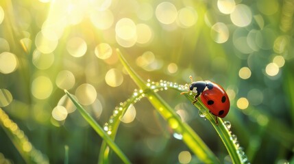 Poster - A ladybug crawling on a blade of grass with dew drops, capturing the freshness of a morning scene.