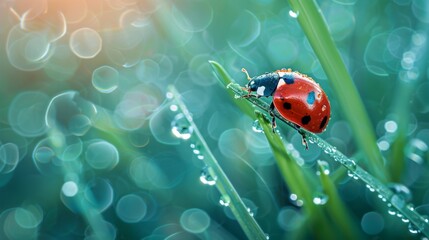 Poster - A ladybug crawling on a blade of grass with dew drops, capturing the freshness of a morning scene.